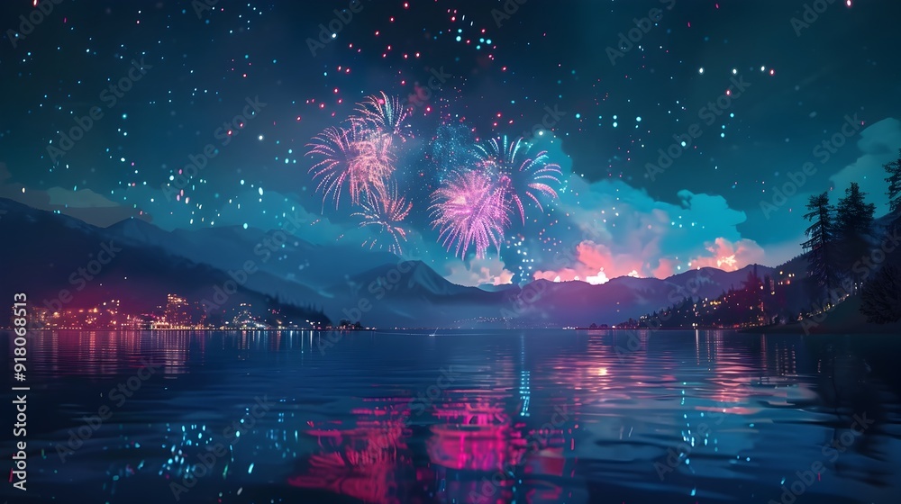 Captivating Fireworks Display Reflected on a Serene Lake at Night Captivating Fireworks Display Reflected on a Serene Lake at Night