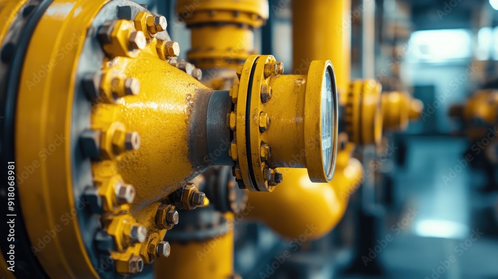 Close-up of yellow pipes and valves in a gas plant, emphasizing the precision of the plant's control system. Close-up of yellow pipes and valves in a gas plant, emphasizing the precision of the plant's control system.
