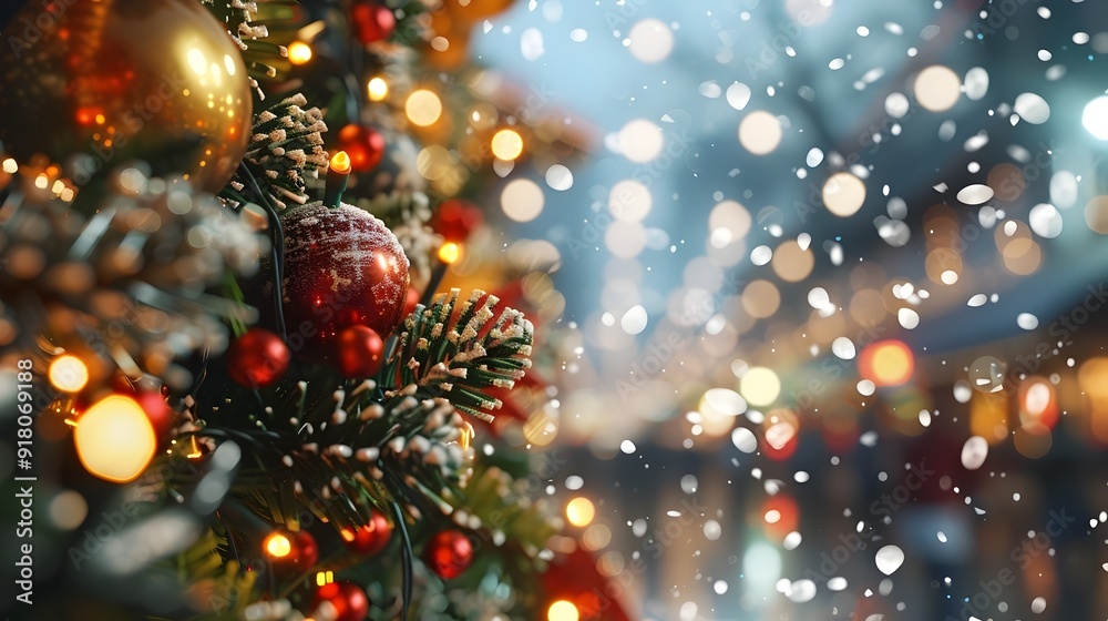 Festive Christmas Tree with Sparkling Ornaments and Snowy Backdrop Festive Christmas Tree with Sparkling Ornaments and Snowy Backdrop