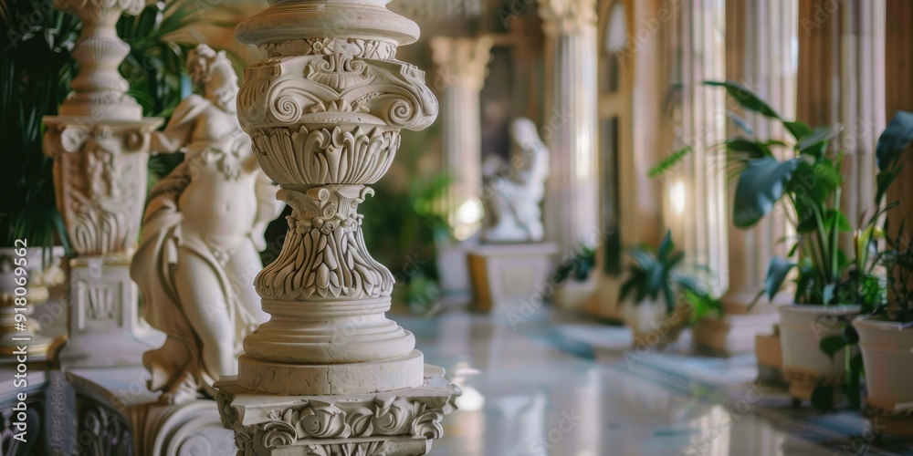 Fototapeta premium Ornate column detail, marble statue, green plants.