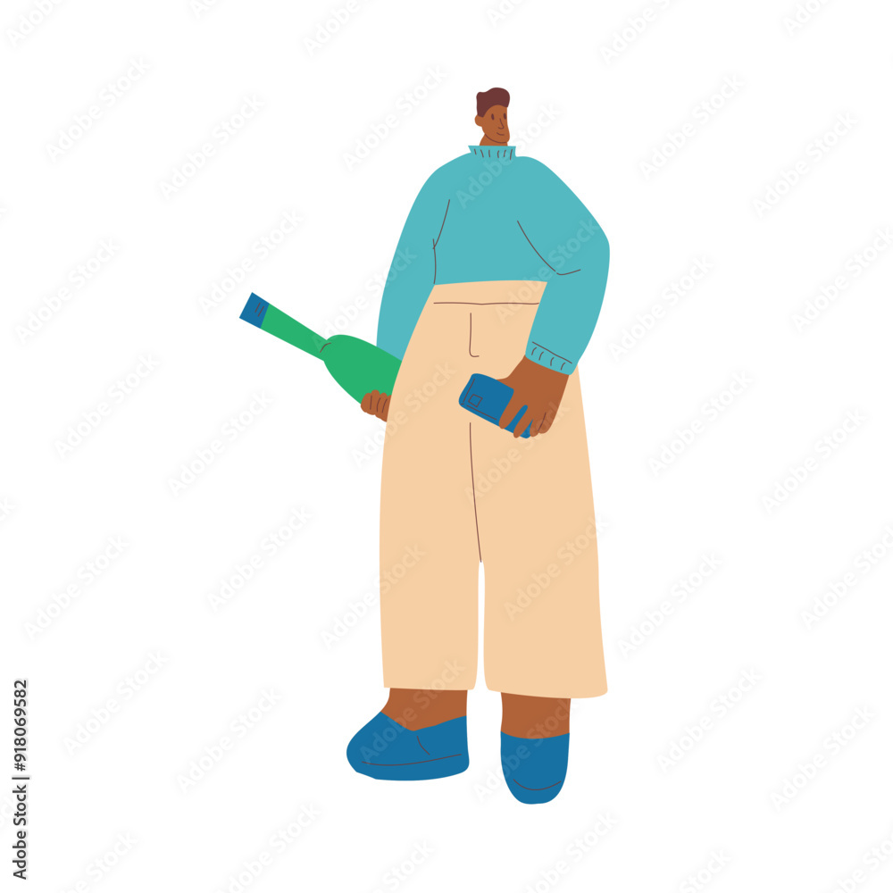 Man with bottle of wine and phone. Cute character with alcohol beverage. Vector hand drawn illustration isolated on white background.