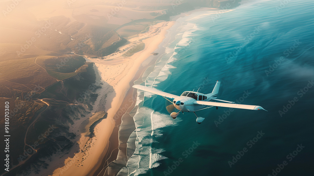 Fototapeta premium A small private plane flying low over a coastal area with the ocean and sandy beaches clearly visible below