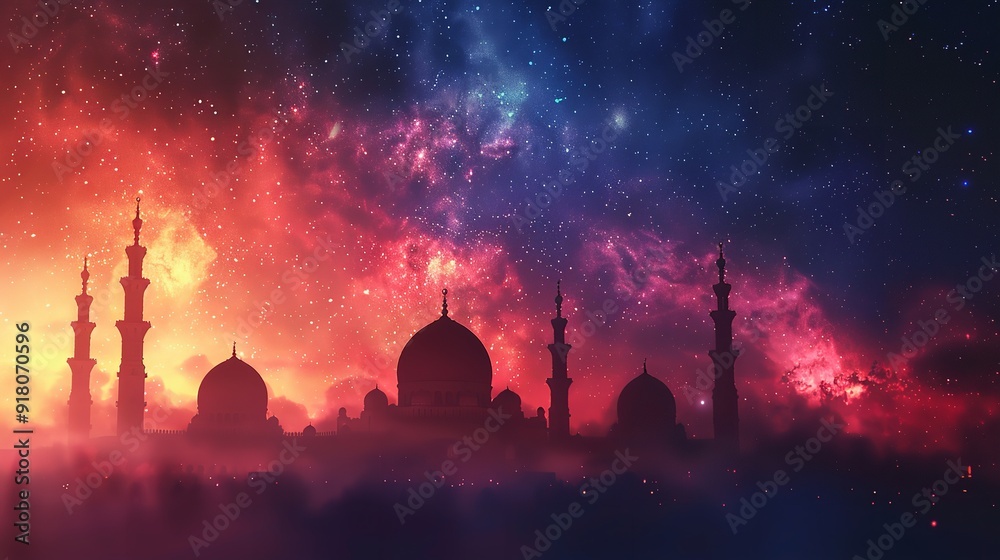 Obraz premium mosque silhouettes and gradient galaxy background for ramadan.