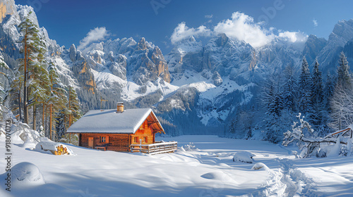 A wooden house in Picturesque winter landscape of snowy valley 