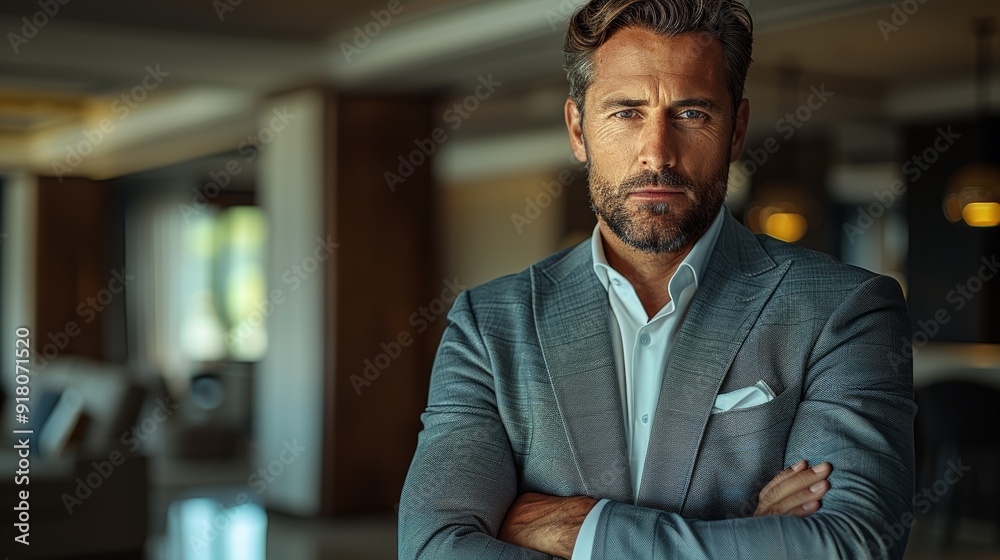Handsome man in a tailored suit poses confidently in a stylish modern interior during daylight Handsome man in a tailored suit poses confidently in a stylish modern interior during daylight