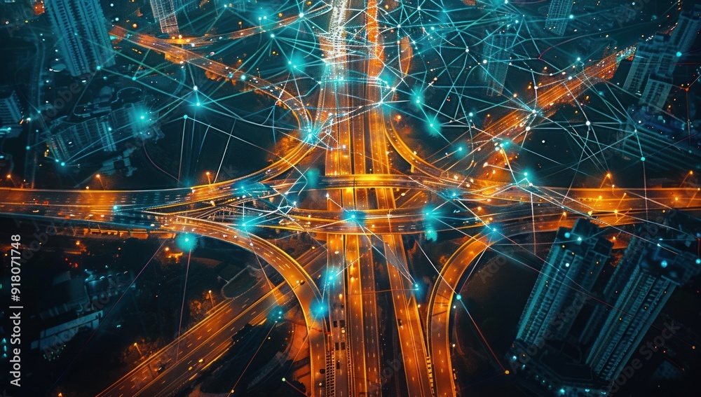 Aerial View of a Cityscape at Night with Network Connections Aerial View of a Cityscape at Night with Network Connections