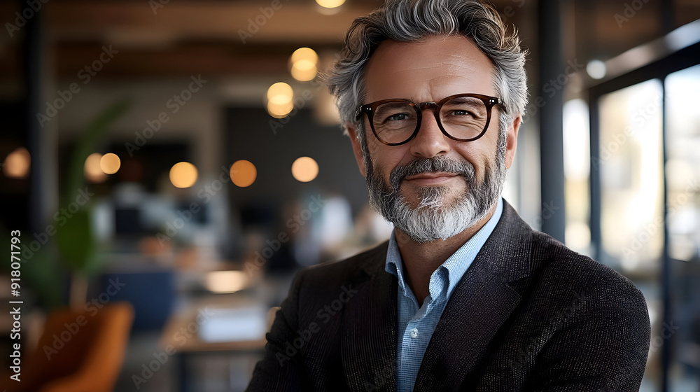 Confident businessman smiling in modern office. Confident businessman smiling in modern office.