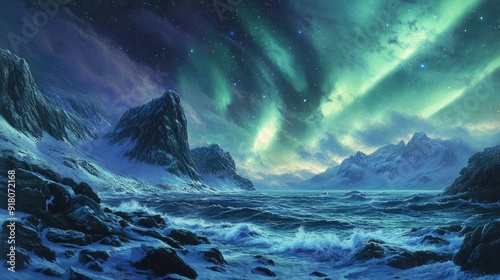 The aurora borealis painting the sky over a remote coastal area with waves gently crashing against ice-covered rocks