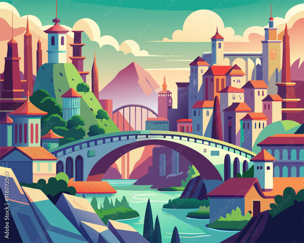 Bridges city landscape anime style Bridges city landscape anime style