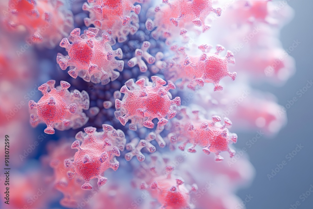 This close-up view reveals intricate details of a viral structure with distinct features and coloration. Generative AI This close-up view reveals intricate details of a viral structure with distinct features and coloration. Generative AI