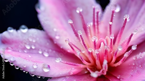 Macro shot of an astromeria flower with detailed hairs and dew drops. Pastel tones of pink, purple, and white create a soothing atmosphere, giving a feeling of peace and unity in pink flower drops. photo