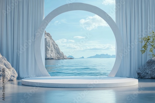 Circular Podium with Ocean View Through White Archway