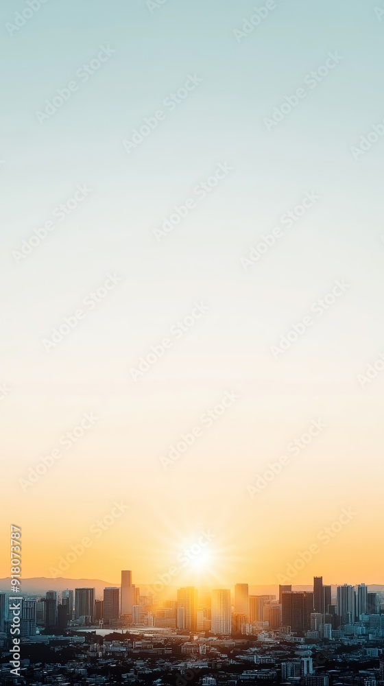 Fototapeta premium A stunning city skyline at sunrise, capturing the vibrant hues of dawn and the silhouettes of buildings against a bright sky.