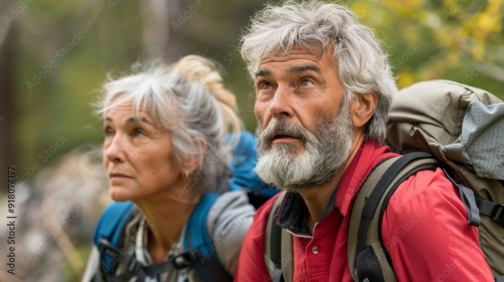Senior Couple Hiking in Forest, Nature Exploration Adventure, Outdoor Activity, Healthy Lifestyle Senior Couple Hiking in Forest, Nature Exploration Adventure, Outdoor Activity, Healthy Lifestyle