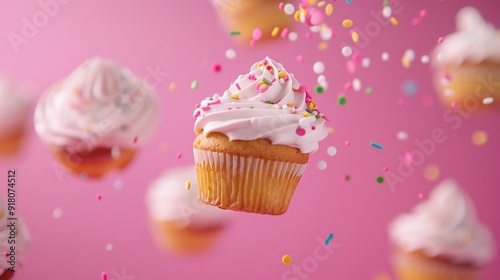 Whimsical Cupcakes Floating in Mid-Air, Festive Dessert Delight with Frosting and Sprinkles for Bakery Concept