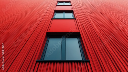 A striking facade of a modern red building, featuring vertically aligned windows and textured walls, showcasing contemporary architectural design and urban aesthetics. photo