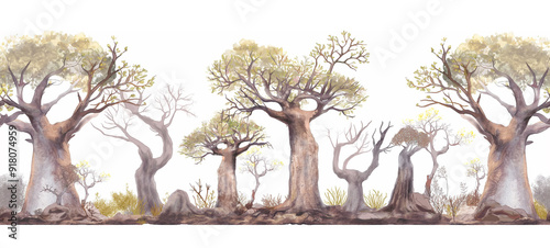 Seamless Horizontal Watercolor Baobab trees isolated on White background