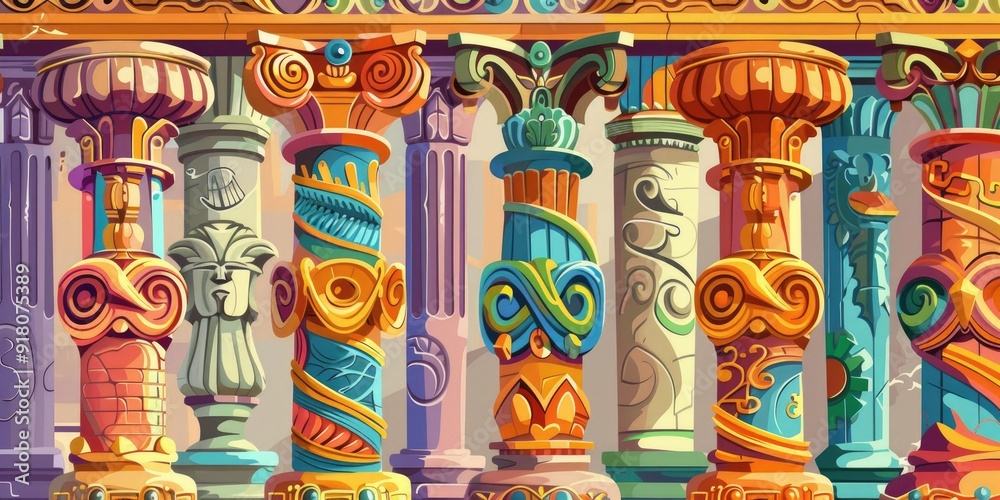 Fototapeta premium Colorful, ornate pillars with intricate designs.