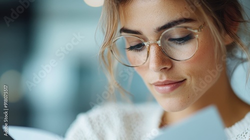 A woman wearing glasses reads a document, her face in soft focus against a blurred background, highlighting the details of her thoughtful expression and making a scholarly impression. photo