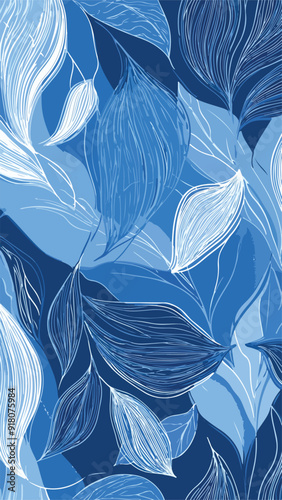 Hand Drawn leaf botanical Illustrated Pattern Background in a Chambray Blue colour featuring a textured leaves illustration. Social media vertical background, template and wallpaper vector.