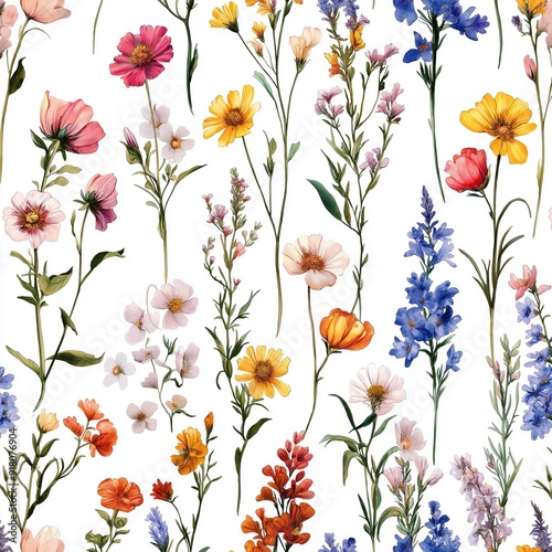 Delicate wildflower pattern on a clear background, ideal for nature-themed designs in fashion and home decor.