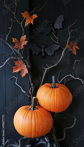 Artwork with Halloween-Inspired Decorations in Deep Orange, Charcoal Black, and Bright White Colors