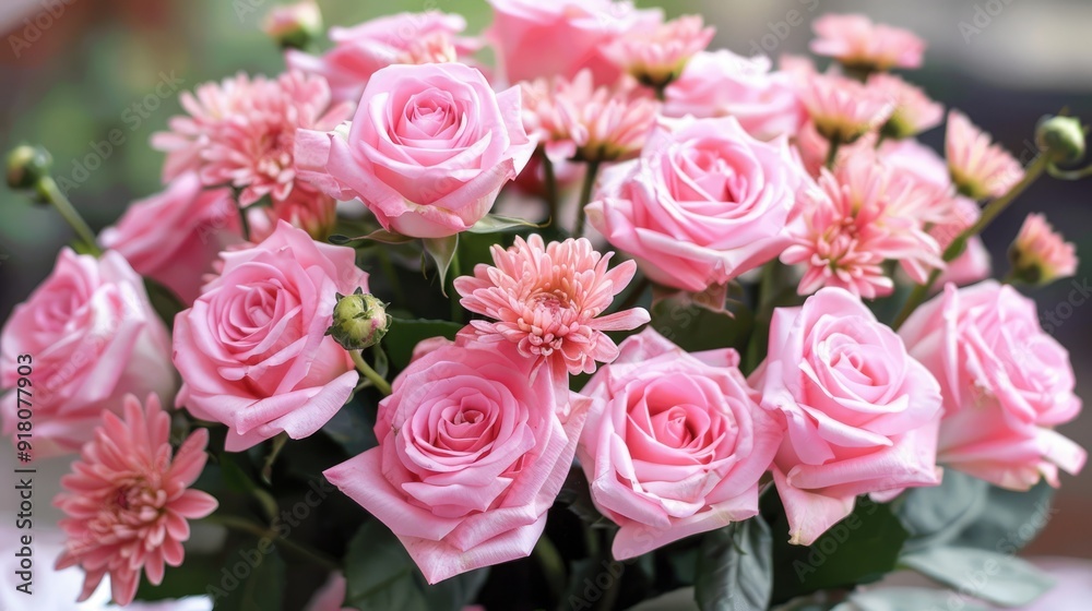 Arrangement of pink roses and chrysanthemums Arrangement of pink roses and chrysanthemums