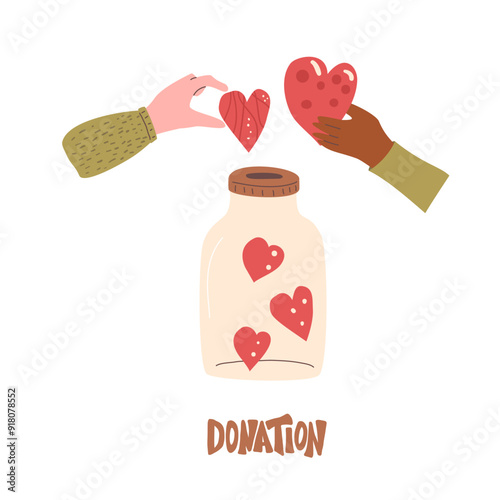 Donation jar isolated on white background. Charity concept. Vector hand drawn flat illustration