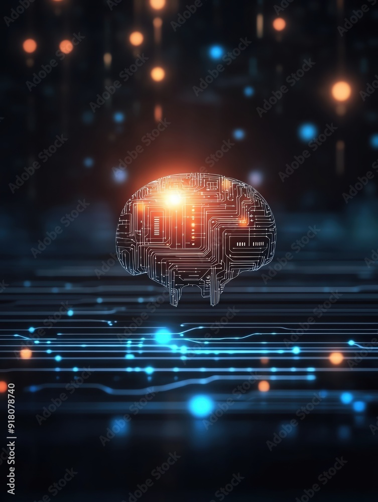Fototapeta premium Futuristic digital brain with circuit pattern, glowing lights, and abstract technology background representing artificial intelligence.