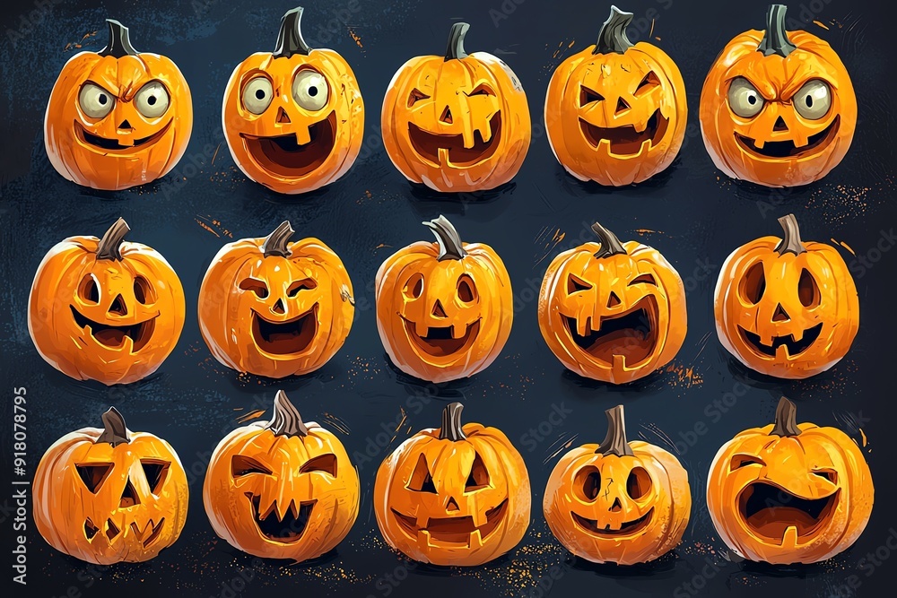 Set of 15 Halloween Jack-o'-lantern faces with different expressions. Set of 15 Halloween Jack-o'-lantern faces with different expressions.
