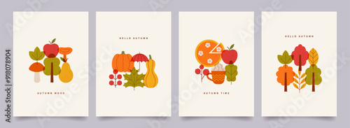Autumn vibe. Minimal geometric poster set. Fall leaves, pumpkin pie, apple, mushrooms, fall trees, mug hot cocoa, pumpkins. Harvest Day and Thanksgiving backgrounds. Vector flat illustration.