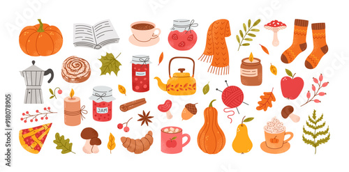 Set of hand drawn cozy autumn elements. Cute scarf, candles, hot cocoa, cup, pie, pumpkin spice latte, mug, jam, leaves, mushrooms. Fall stickers. Vector flat illustration.