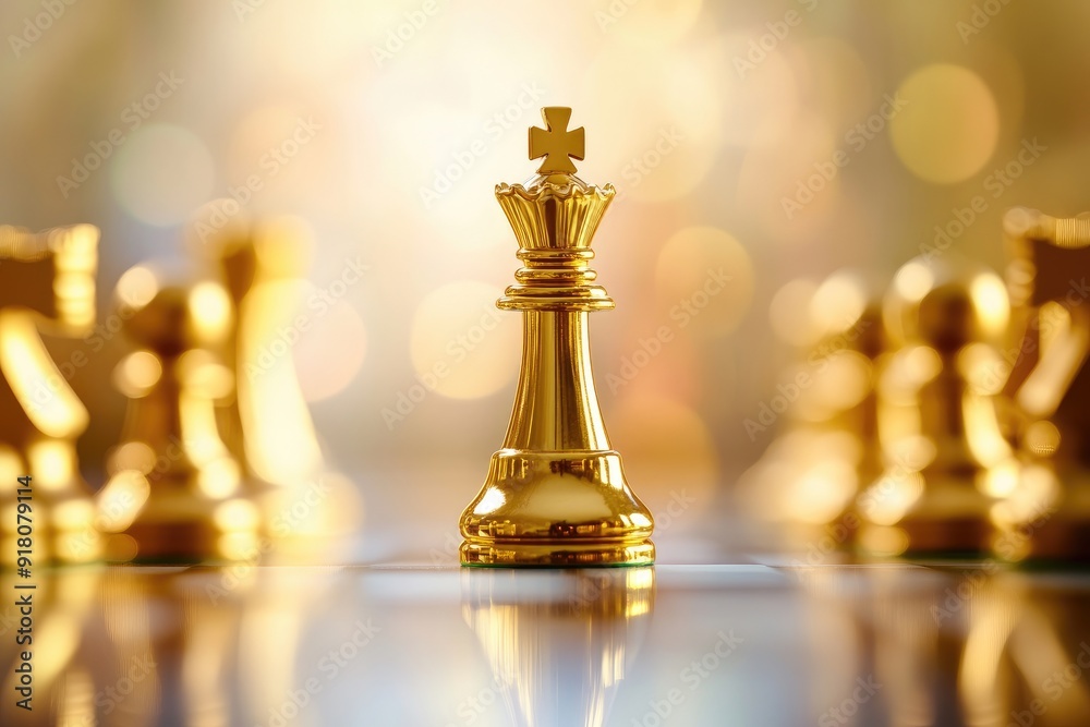 Gold Chess Queen Piece on a Board with Blurred Background Gold Chess Queen Piece on a Board with Blurred Background