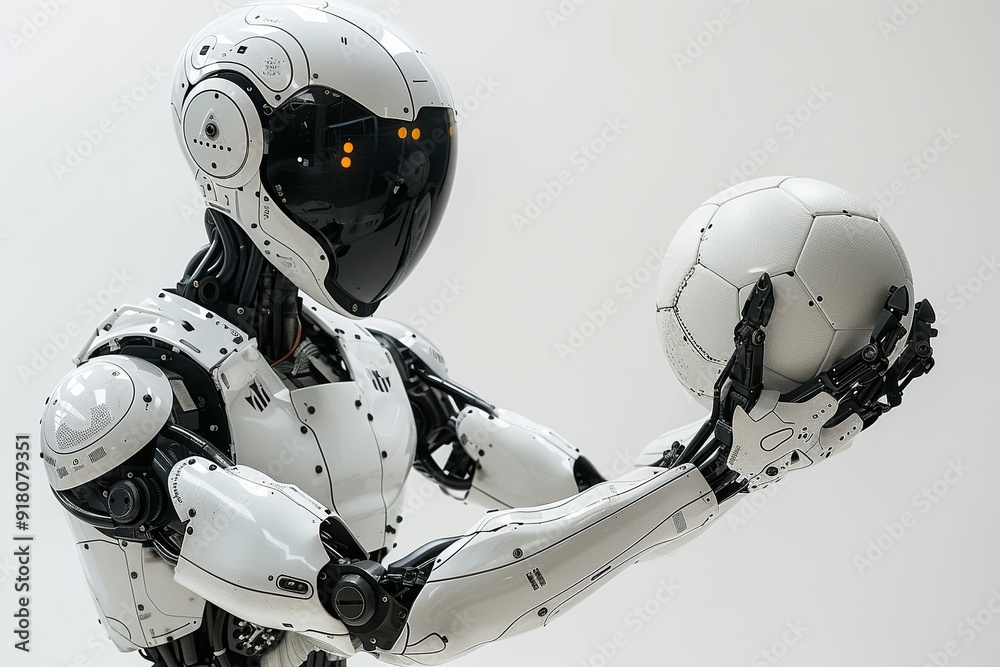 Modern robot holds white soccer ball - concept of AI in sports Modern robot holds white soccer ball - concept of AI in sports
