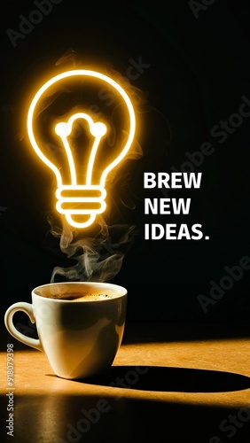 Innovative Coffee Break. A cup of coffee with steam shaped like a lightbulb, embodying the concept of brewing innovative ideas.