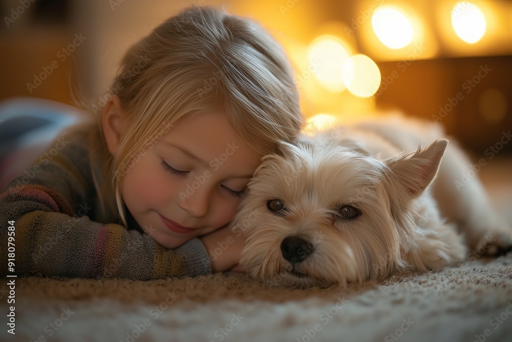 Child Sitting with a Pet: A child sitting on the floor, cuddling with their pet Child Sitting with a Pet: A child sitting on the floor, cuddling with their pet