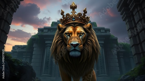 Fierce Lion with Bronze Crown at Ancient Temple Entrance - Fantasy Artwork