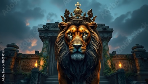 Fierce Lion with Bronze Crown at Ancient Temple Entrance - Fantasy Artwork