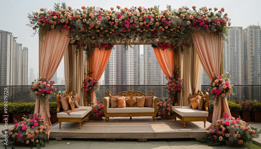 Garden wedding stage with cascading flowers and lights