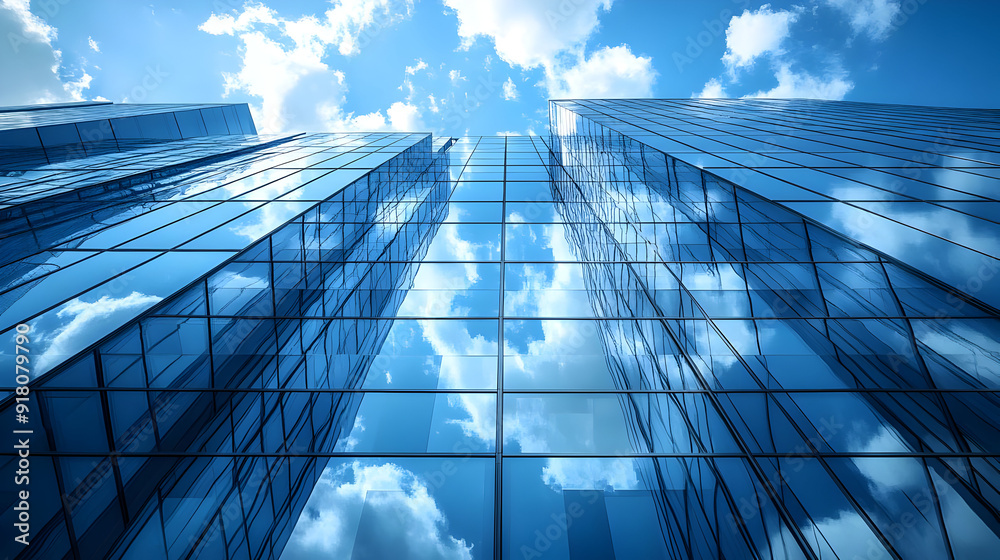 Glass building reflecting sky & clouds.