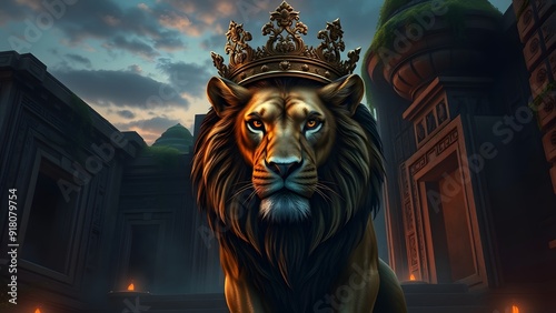 Fierce Lion with Bronze Crown at Ancient Temple Entrance - Fantasy Artwork