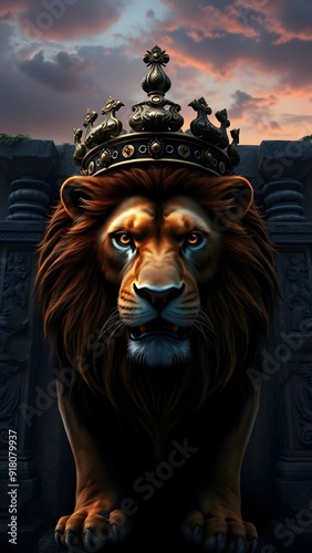 Fierce Lion with Bronze Crown at Ancient Temple Entrance - Fantasy Artwork
