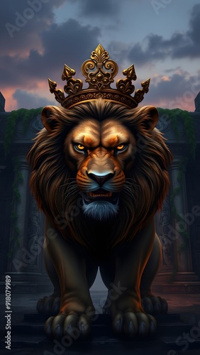 Fierce Lion with Bronze Crown at Ancient Temple Entrance - Fantasy Artwork