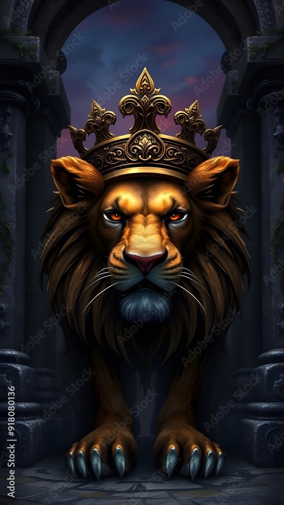 Fierce Lion with Bronze Crown at Ancient Temple Entrance - Fantasy Artwork Fierce Lion with Bronze Crown at Ancient Temple Entrance - Fantasy Artwork