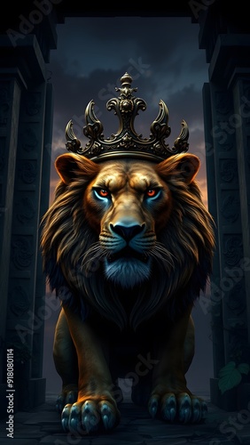 Fierce Lion with Bronze Crown at Ancient Temple Entrance - Fantasy Artwork