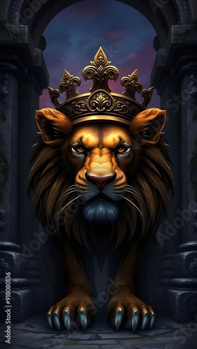 Fierce Lion with Bronze Crown at Ancient Temple Entrance - Fantasy Artwork