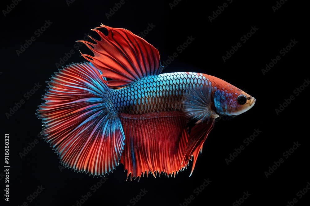 Vibrant red and blue Siamese fighting fish with flowing fins against a black background. Vibrant red and blue Siamese fighting fish with flowing fins against a black background.