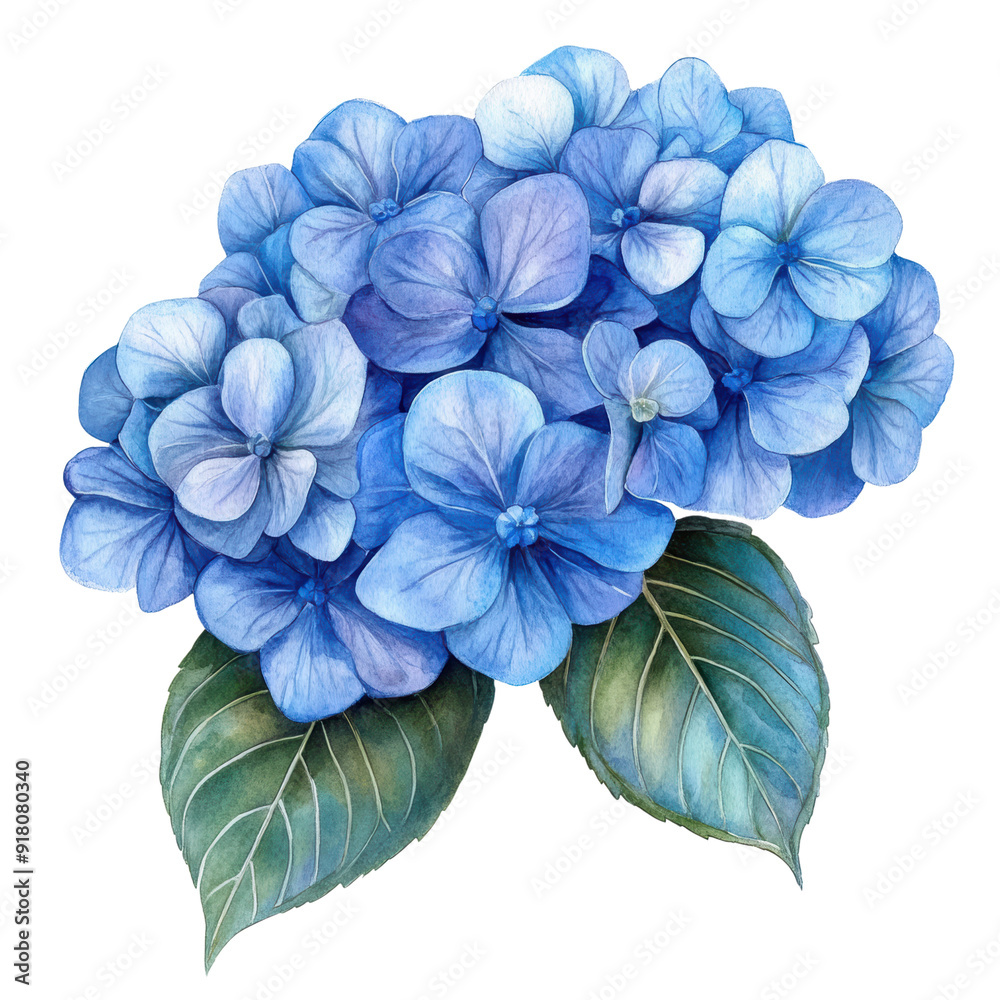 Fototapeta premium A beautiful watercolor illustration of a blue hydrangea bouquet with lush green leaves, showcasing delicate petals in various shades of blue