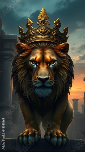 Fierce Lion with Bronze Crown at Ancient Temple Entrance - Fantasy Artwork