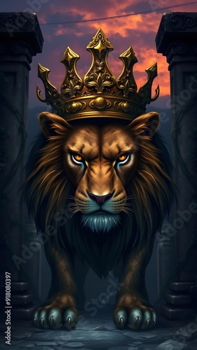 Fierce Lion with Bronze Crown at Ancient Temple Entrance - Fantasy Artwork